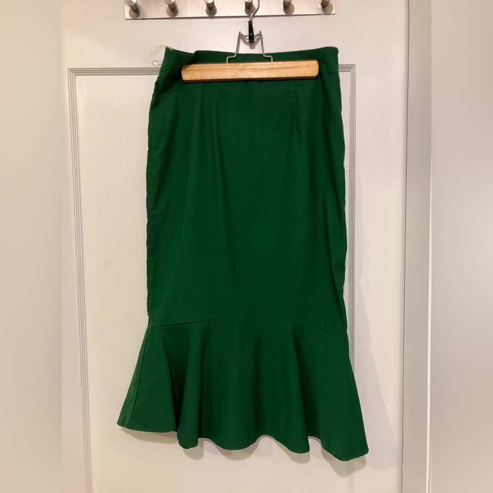 Pencil Green Skirt with Ruffle Bottom